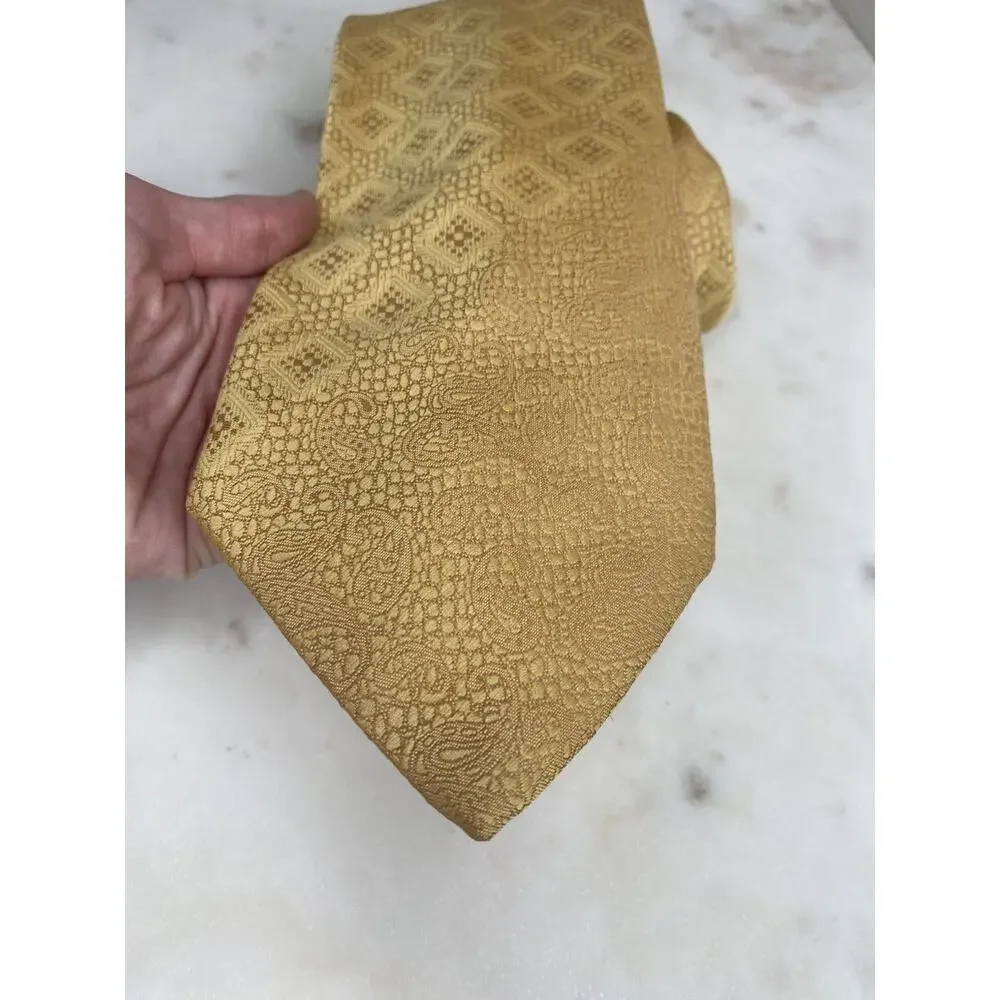 Oscar De La Renta Neck Tie Vintage 80's Gold Paisley Diamond Print Party Career